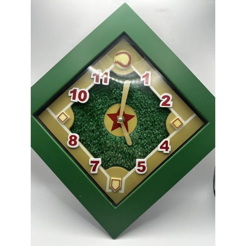 Baseball Diamond Wall Clock Green Turf Field Baseball Bat Hands Battery